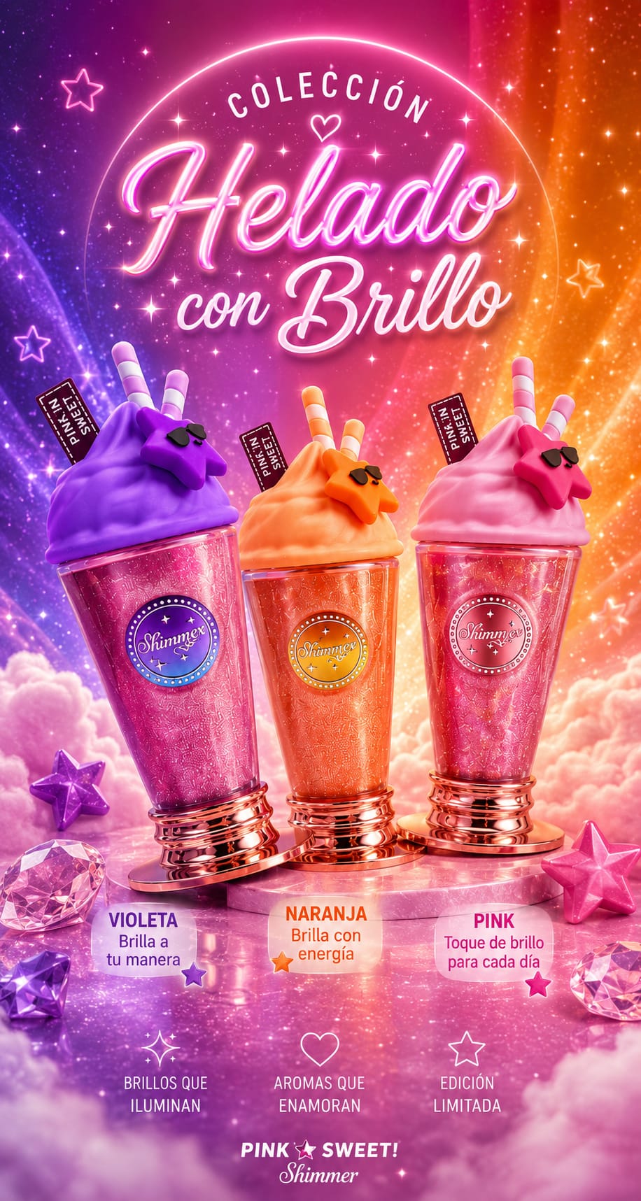 Bruma del Batido con Purpurina – Morada, Rosa y Naranja